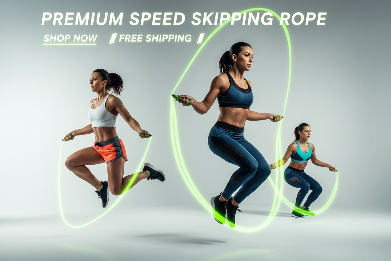 Premium Sports Speed Skipping Rope, Jump Rope with Pvc Handle, Multicolor Pvc Pencil Skipping Rope for Men, Women, Boys & Girls (Green), CREATE IMAGE WITH TWO WOMENS USING THE ROOP WITH DIFFERENT ANGLES , GENERATE FOR DESKTOP BANNER USE SOME TEXT ALSO .USE ATLEST 3 WOMENS WITH SOME NEON EFFECT OVER ROOP LIKE MOVEMENT OF OF ROOP , ADD SOME BUY NOW OR SHOP NOW WITH FREE SHIPPING HIGHLIGHTS