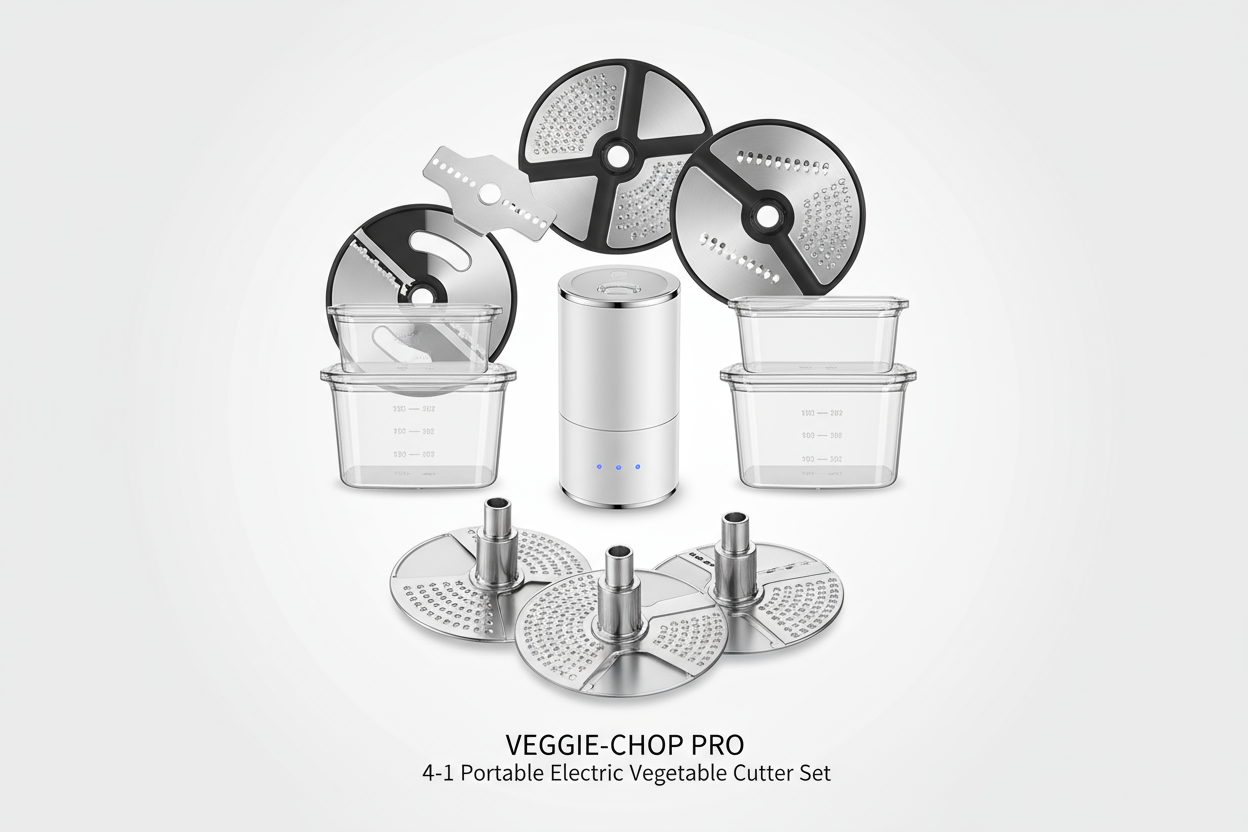 1080x840 [Act as poster image for video type] for 4 in 1 Portable Electric Vegetable Cutter Set with simple classing machine part in circular patterns showing part in sequence from front to back 