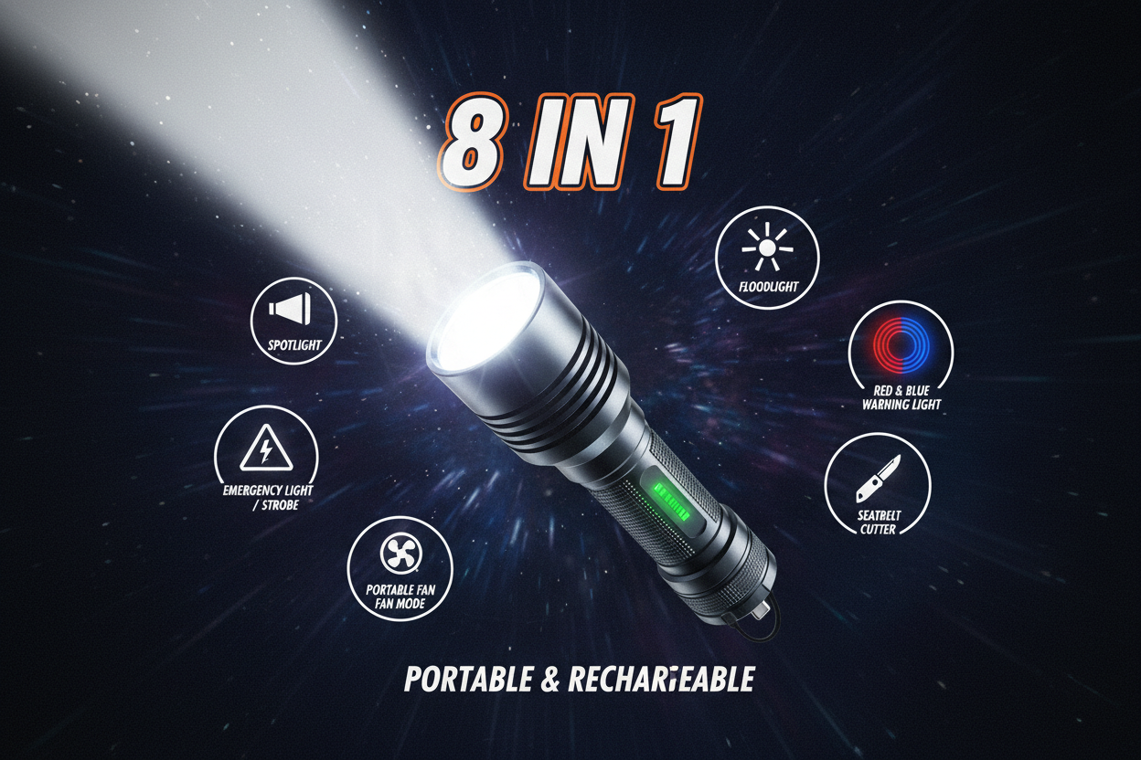 1080x840 [Act as poster image for video type] for my 8 in 1 Portable Rechargeable Torch LED Flashlight product 