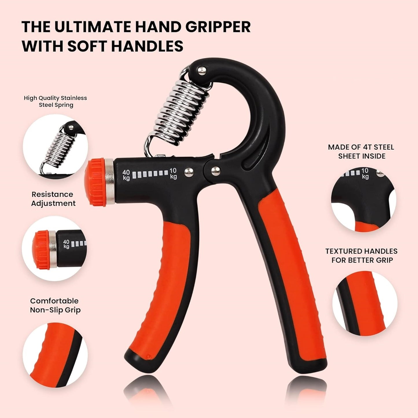 Premium Hand Grip Strengthener, Hand Exerciser Adjustable Resistance 10 To 40Kg, Grip Strength Trainer, Hand Gripper, Forearm Workout Training Equipment for Injury Recovery Athletes (Orange & Black)