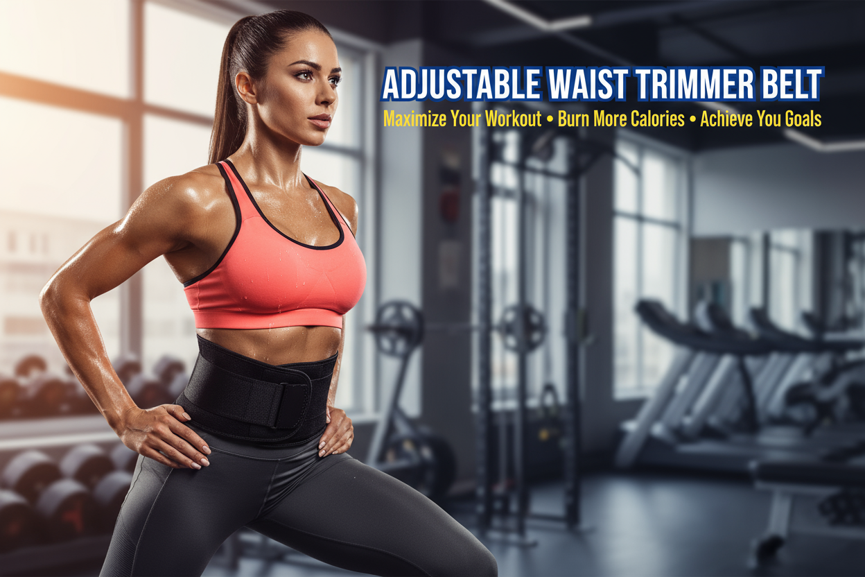 1920x700 image for Adjustable Waist Trimmer Belt , add women ho is using the belt and loosing swet and ad some text also 