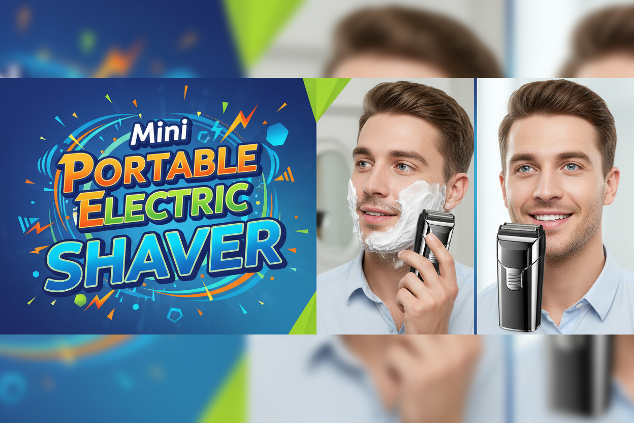 1920x980 create banner for Mini Portable Electric Shaver , include man doing saving with foam in face and also include after saving glow , create me image with colour full graphics with some text in left side 