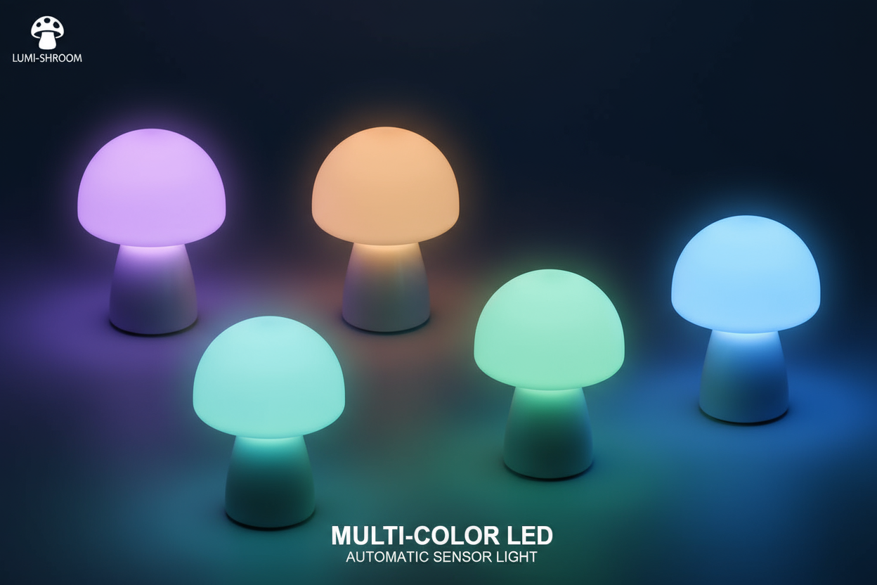 1920x980 generate banner image for Mushroom Lamp Automatic Sensor Light Multi-Color Changing Best Night Avatar LED Bulbs , with multiple images in singles image with different angles