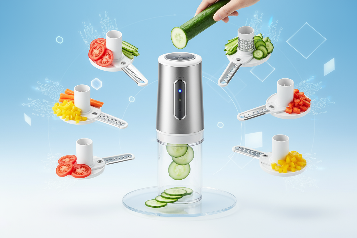 4 in 1 Portable Electric Vegetable Cutter Set , 1080x840 [Act as poster image for video type] , with classic image showing in center with ease and should be color full without text with some ai into it