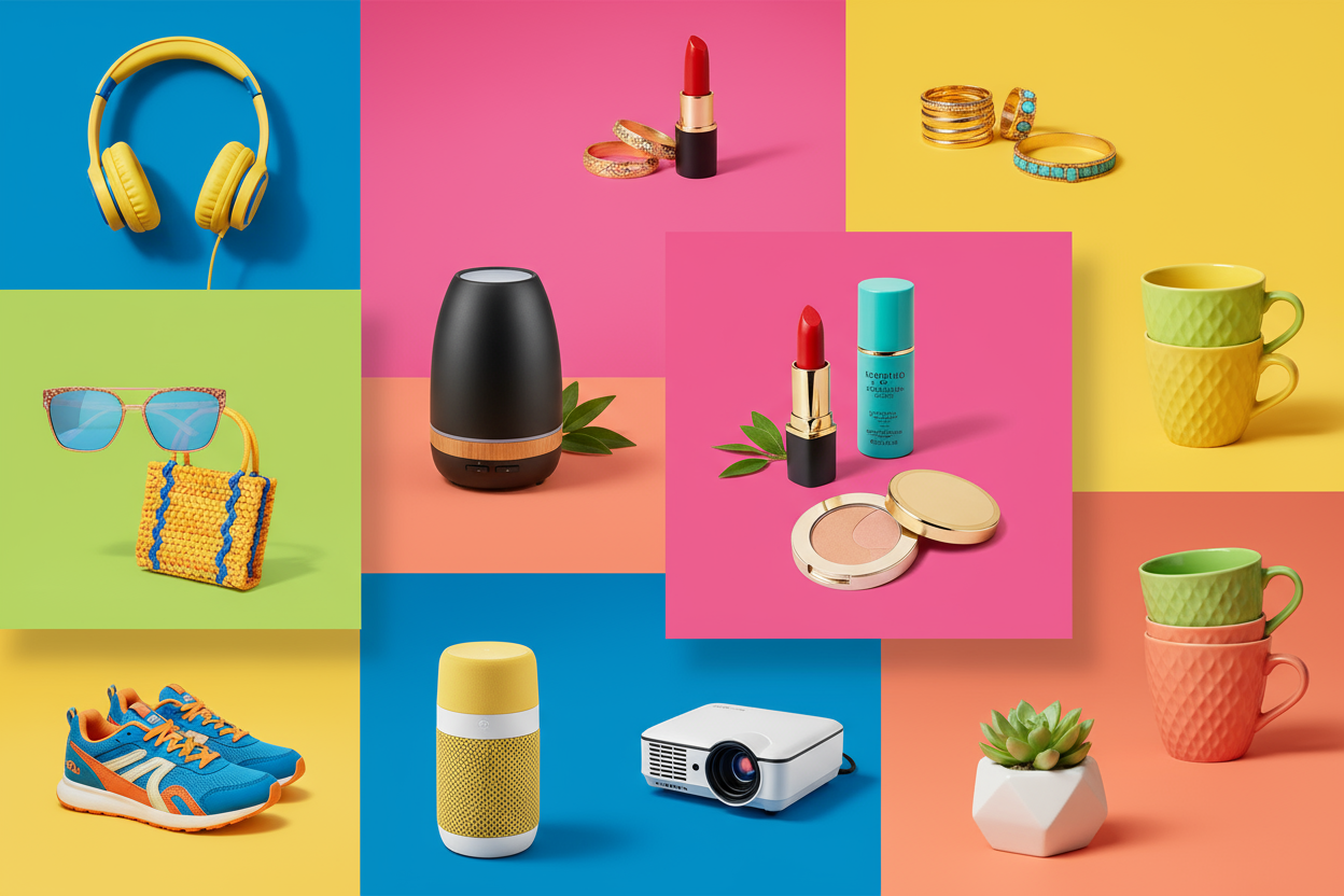 850x850 create a image in which show our multiple products and colourfull images